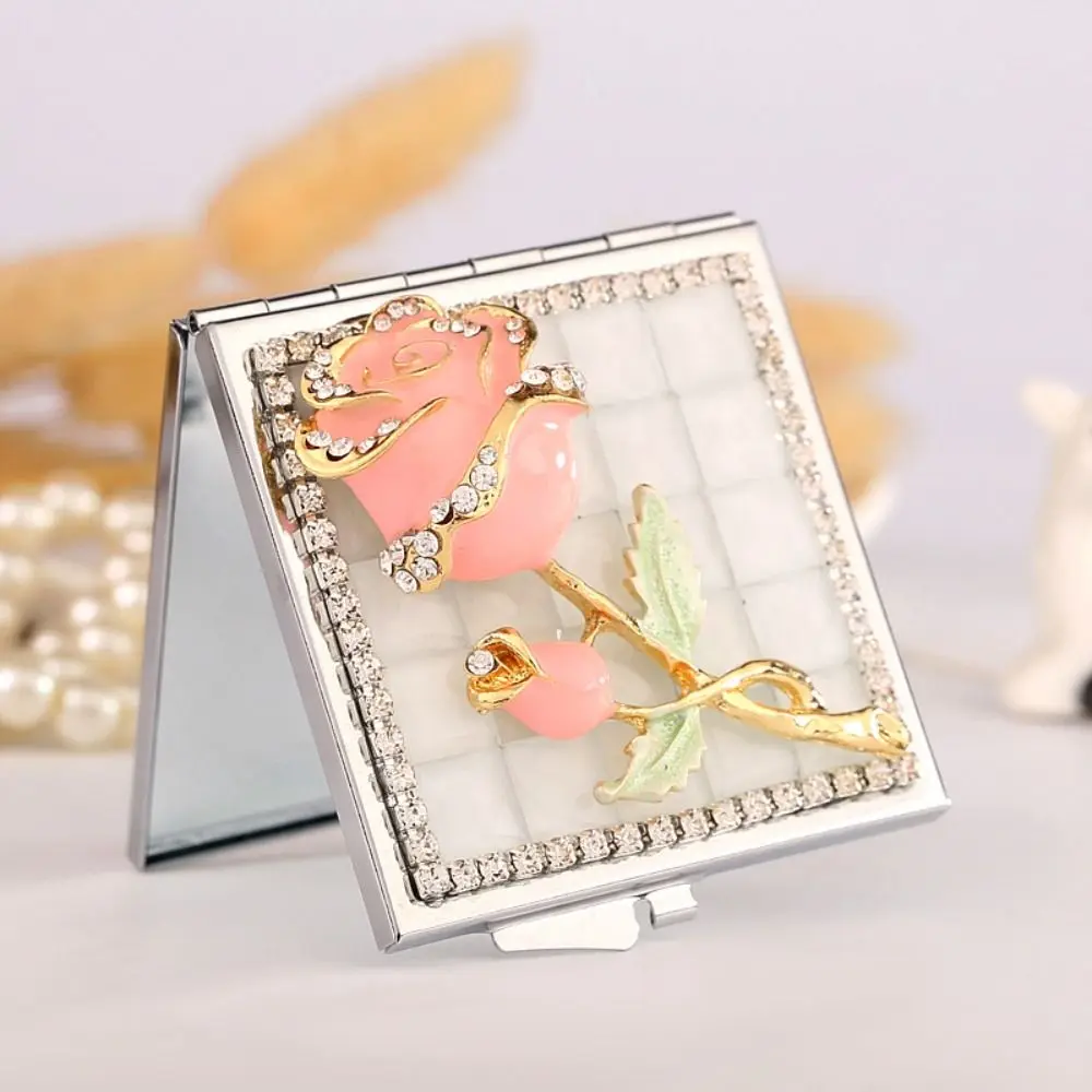 Beauty Mirror Metal Square Mirror Rose Rhinestone Decor Portable Mirror Double-sided Cute Pocket Mirror Students