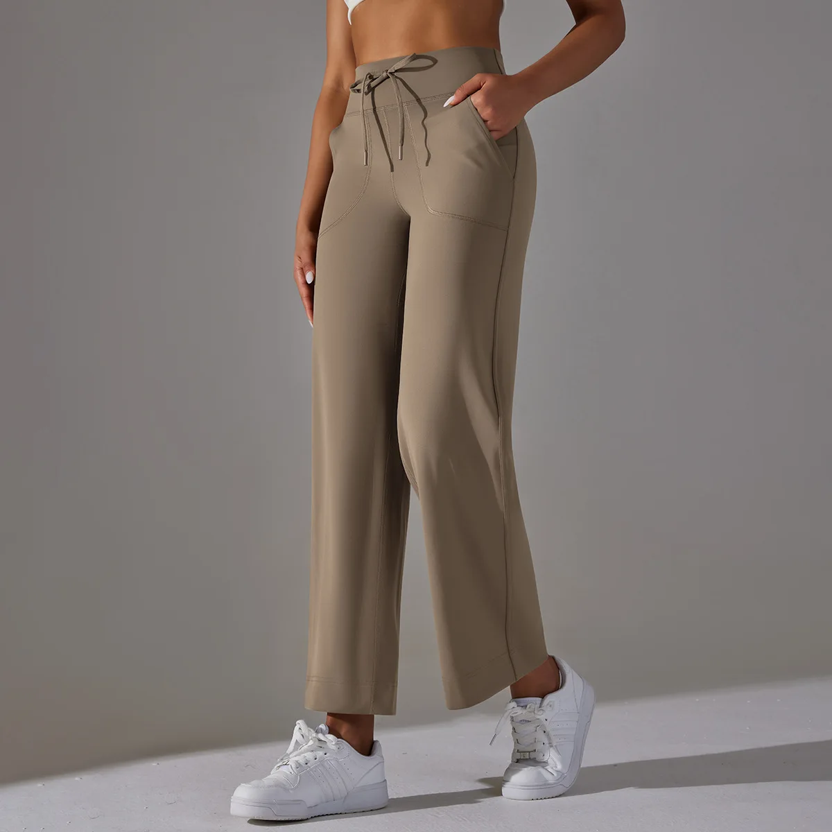 Wide Leg Pants With Pockets Drawstring Push-up Sports Trousers High Waist Women Flared Yoga Leggings For Fitness Running Joggers