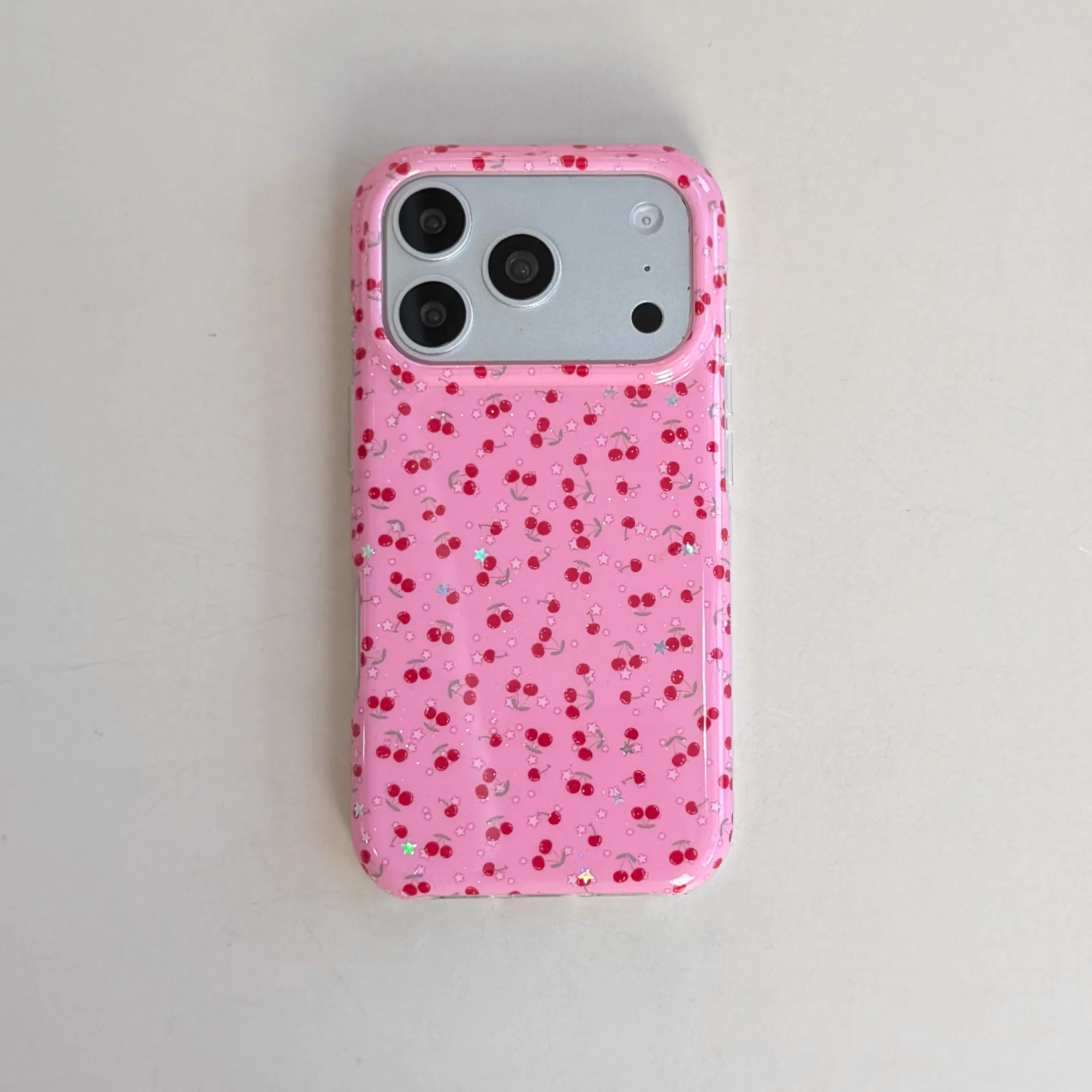 Glitzernde, leuchtend rosa Mini-Kirsch- & Sternenmuster Y2K Handyhülle für iPhone 17 16 15 14 13 Pro Max Rückseiten-Handycover Capa