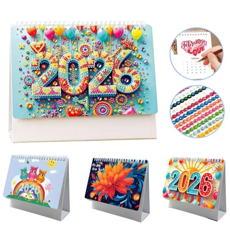 Calendario per pittura con diamanti 2026 Calendario mensile Diversi modelli su ogni pagina Kit per pittura con diamanti fai-da-te Ornamento da tavolo