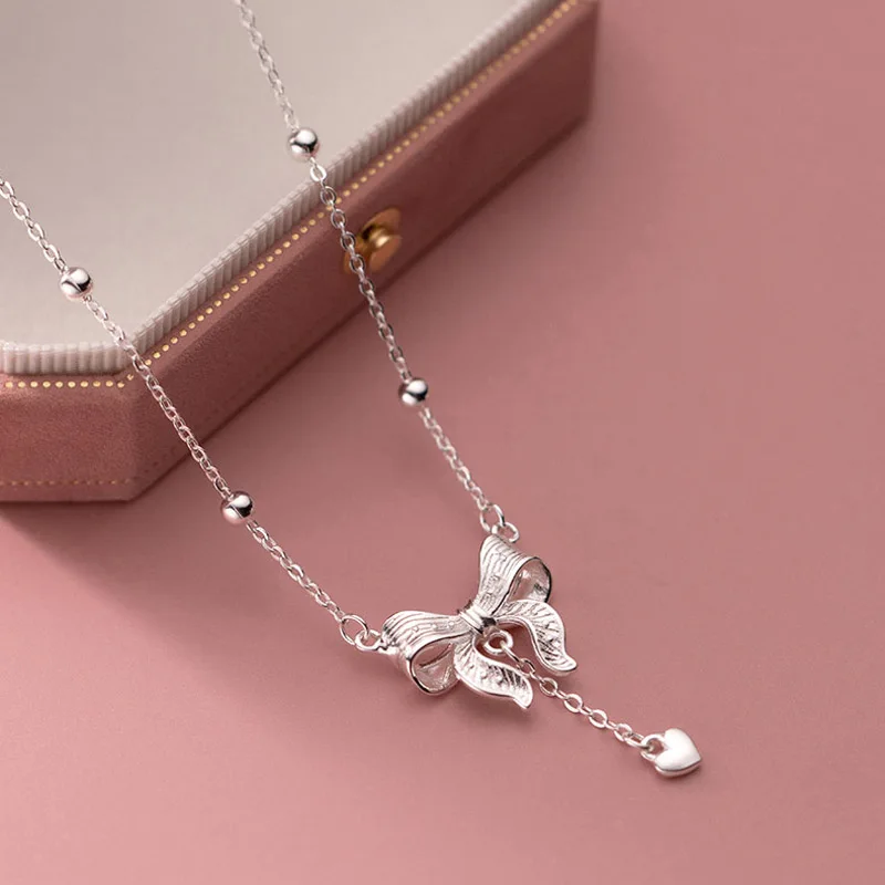 925 Sterling Silver Exquisite Bow Heart Pendant Necklace Beads Chain Luxury Fine Accessories For Women Wedding Party Gifts NK181