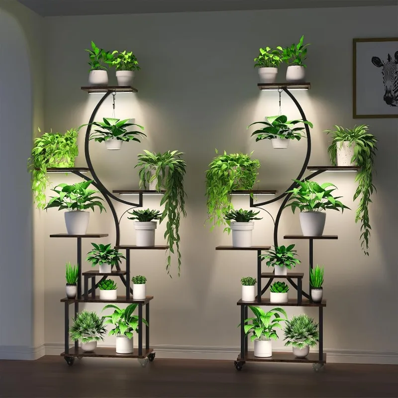 حامل نباتي داخلي مع أضواء للنمو، حامل نباتات داخلي بعجلات، رف نباتي 8 طبقات داخلي، حامل نباتات طويل القامة داخلي قطعتان #1