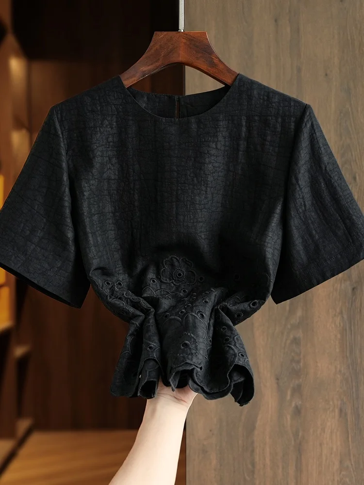 

Женская летняя футболка Ele Silk irt ort Sve, винтажный шелковый топ с вышивкой, свободный крой, круглый вырез Ne