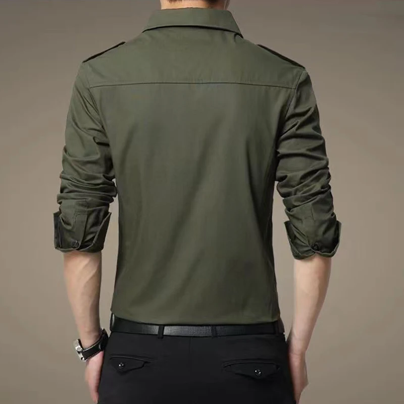 2023 Cargo Shirt Men Long Sleeve Casual Cotton Shirts for Men High Quality Solid Color Overshirt Brand Clothing Black Blouses