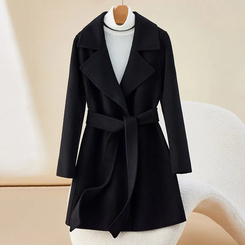 

2026 Autumn Winter Black Double-sided Wool Coat Medium-length Style Waist Strap Slim Casual Warm Coats Female Jackets Outwear