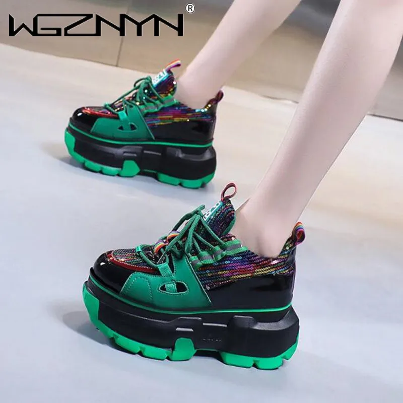 

NEW Spring Autumn Bling Sneakers Women Chunky Shoes Casual Shoes Breathable Leather 8CM Platform Sneakers Woman Zapatillas Mujer