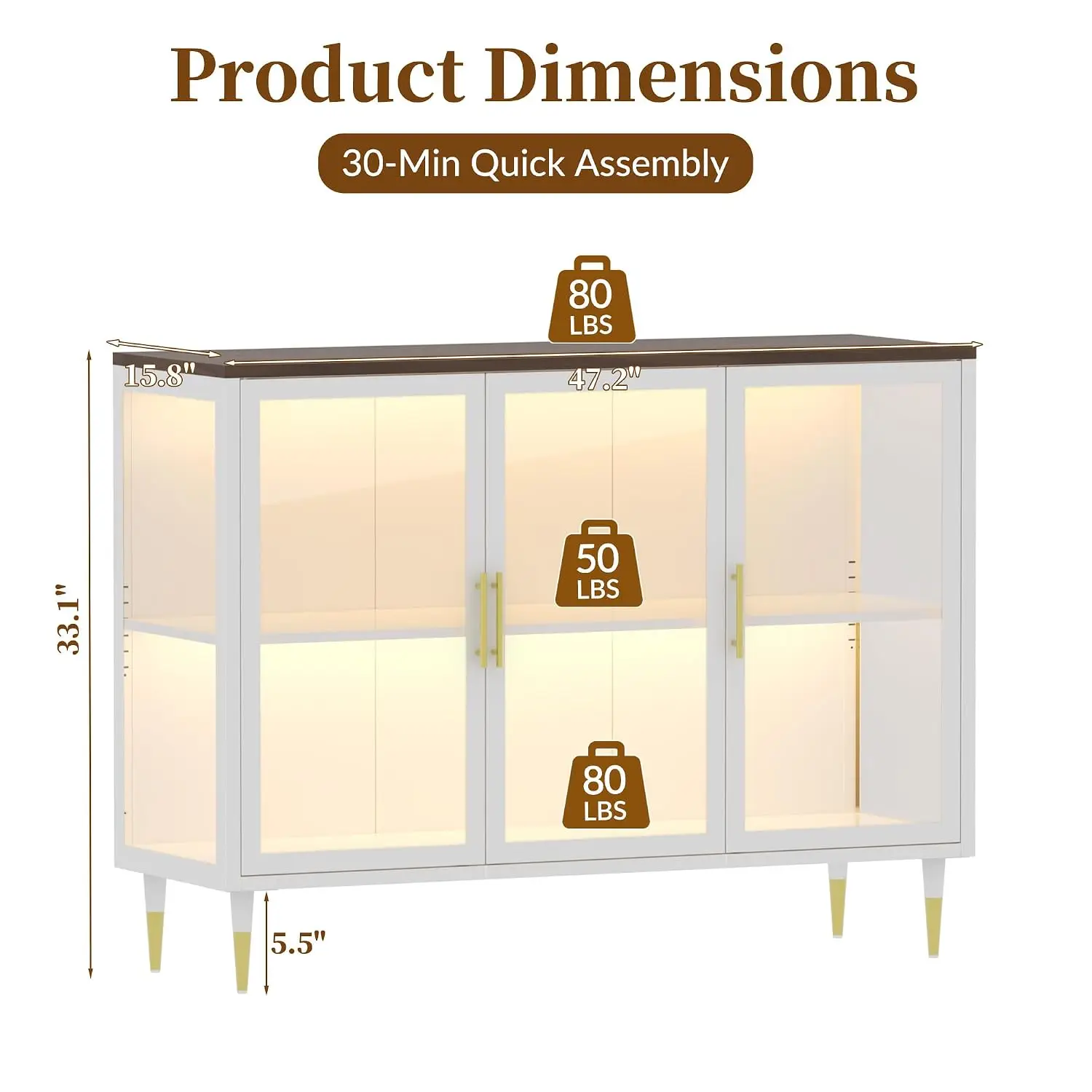 Glass Sideboard Buffet Cabinet with LED Lights, 47