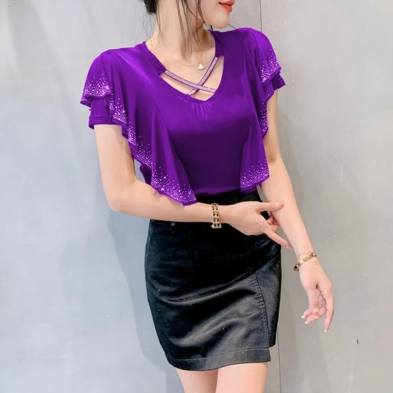 2026 Summer New Versatile Women T Shirt Fashionable Sexy Hollow Out Heavy Work Rhinestone Ruffle Slim Fit Slimming Top