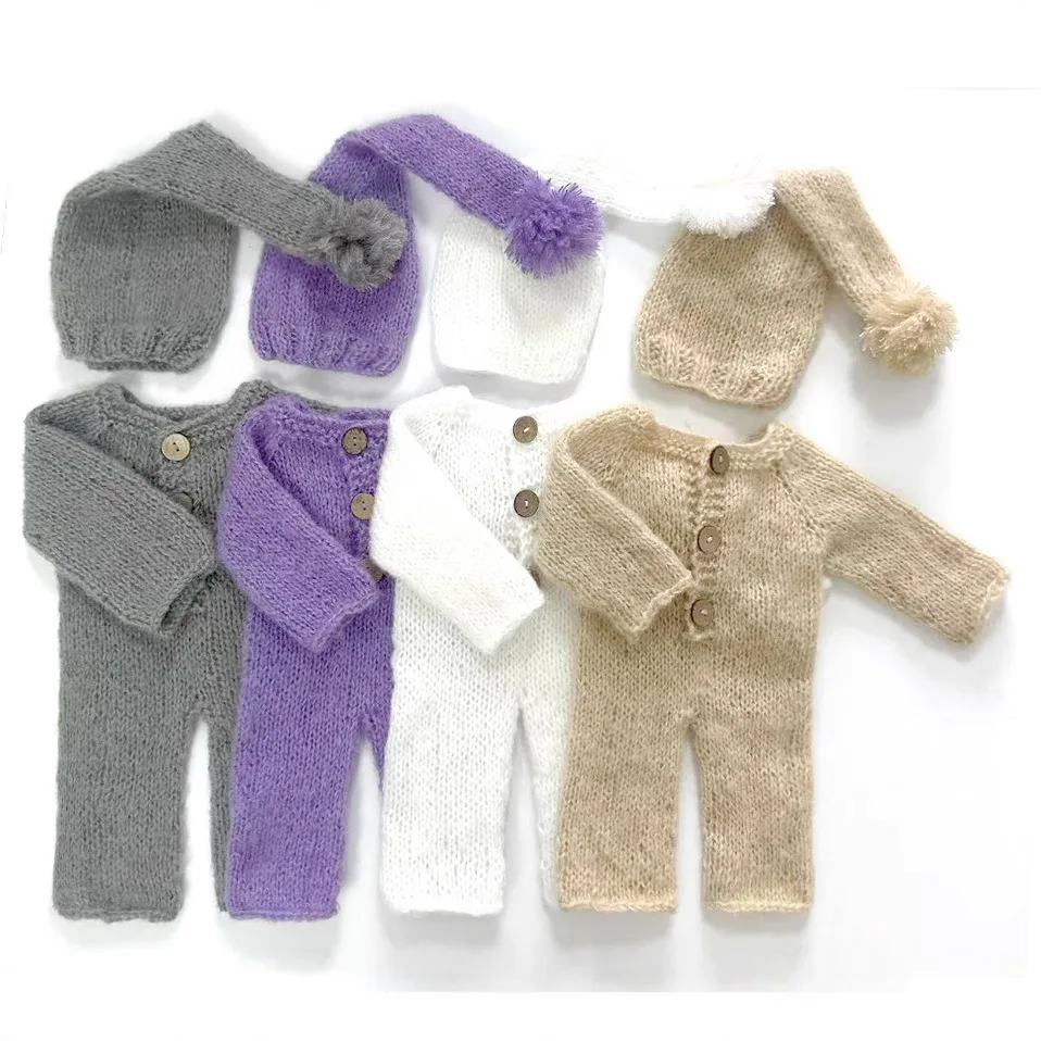 Newborn Photography Outfit Knitted Cap Mohair Baby Romper Jumpsuit and Hat Photo Shoot Props