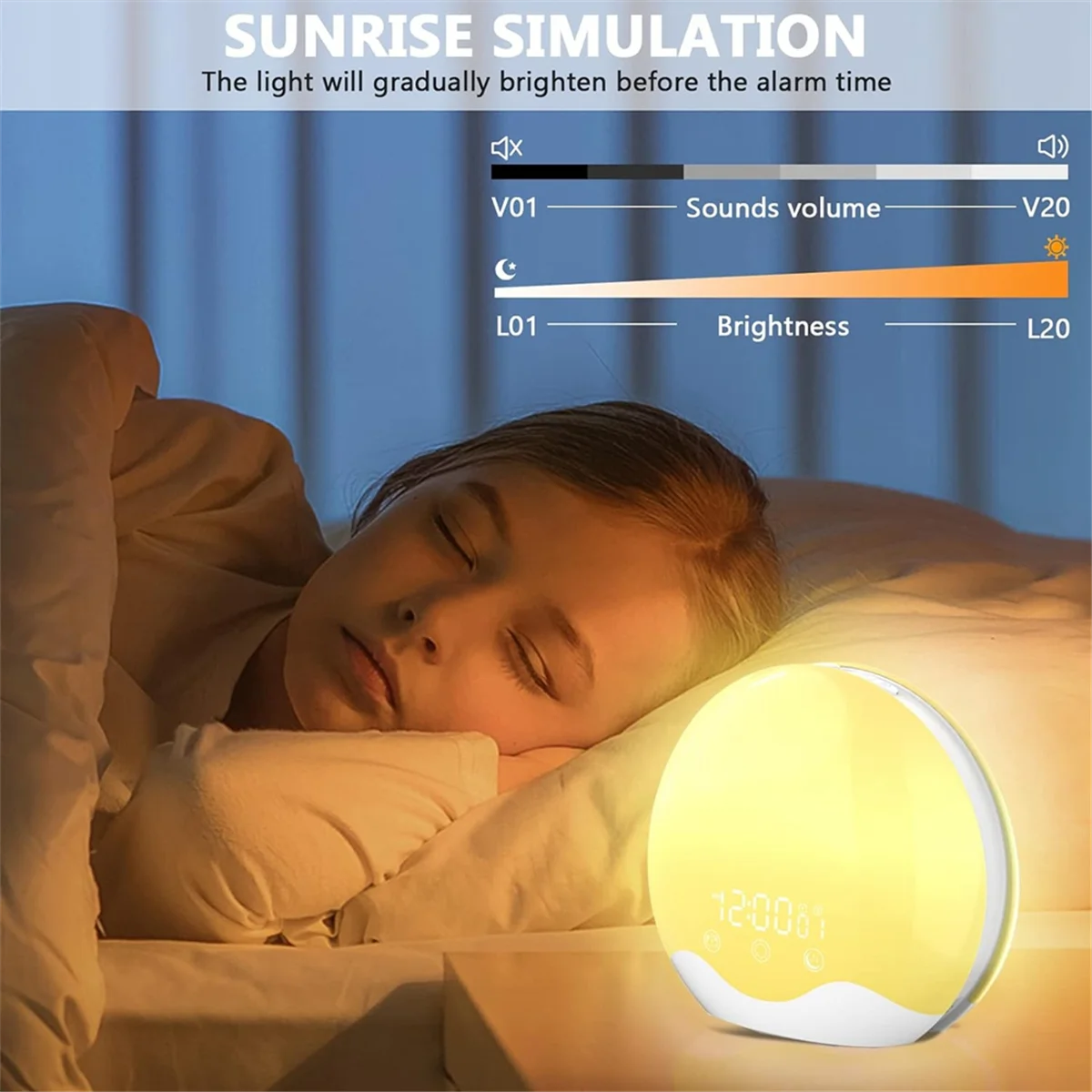 ABZV-Sunrise Alarm Clock Wake Up Light with Touch Control,Dual-Sided Light Alarm Clock for Bedroom,Dual Alarm & Snooze