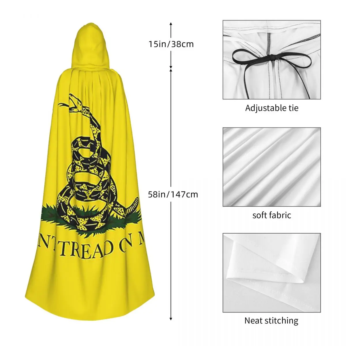 Gadsden Don't Tread On Me Flag Long Hooded Cloak Witch Medieval Costume Cosplay Cape HalloweenVampire Adult Unisex - view 3