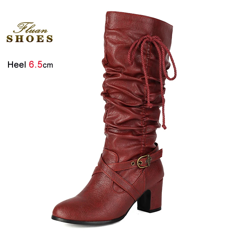 2025 خريف شتاء الأحمر القوس مطوي المرأة منتصف العجل الأحذية جولة تو فارس الأحذية سميكة سوليد الكعوب 6.5 سنتيمتر الجانب سستة مكدسة الأحذية #1