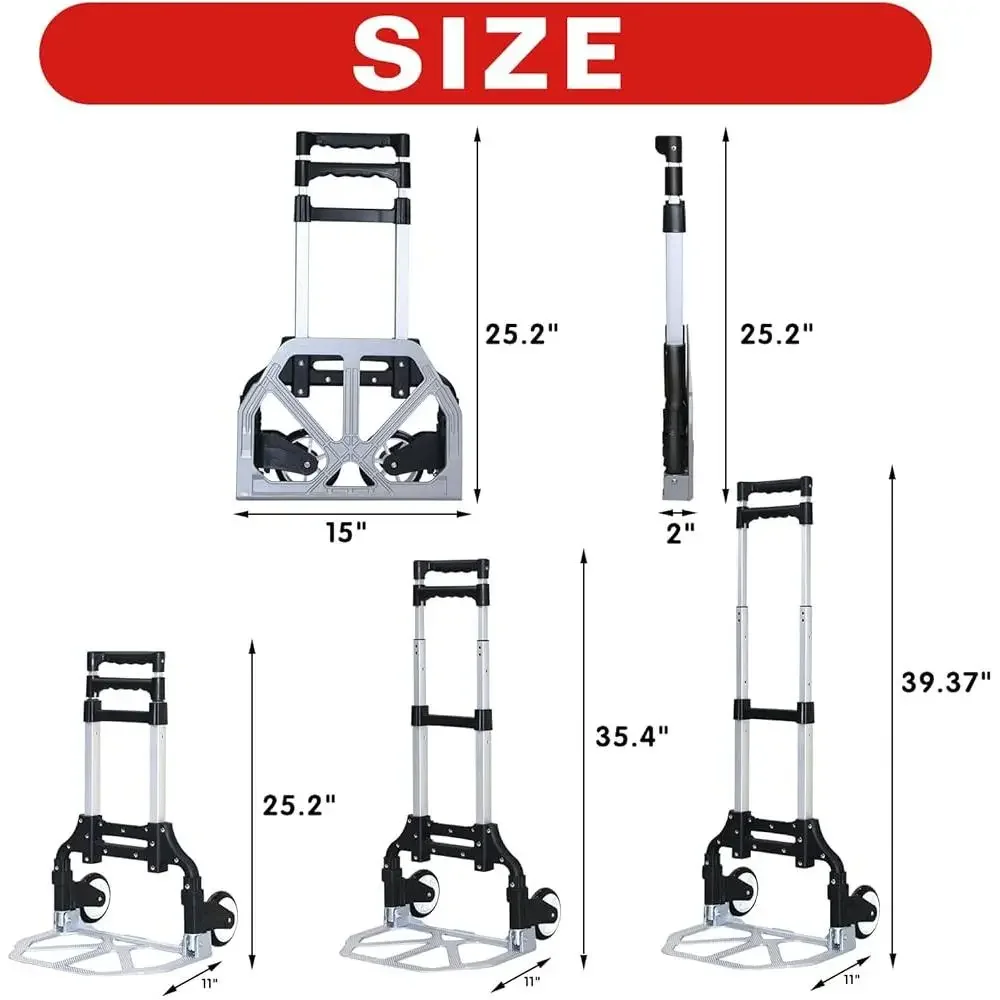 접이식 핸드 트럭 돌리 카트 알루미늄 경량 휴대용 200lbs 용량 자동 고무 바퀴 텔레스코픽 핸들 공간 절약