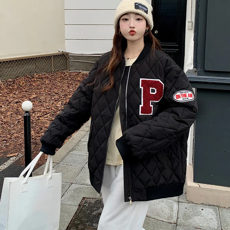 Women's American Retro Quilted Pattern Baseball Cotton Coat Winter Korean Loose Fit Preppy Style Letters Embroidery Parkas