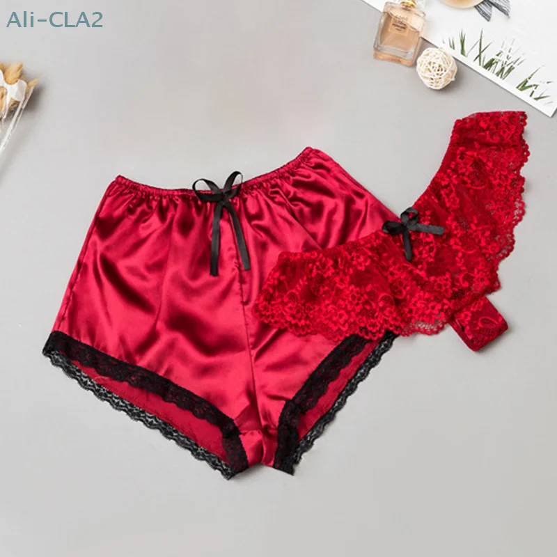 Sexy Lace Silk-like Sleepwear Three Pieces Lingerie Women Pajamas Nightwear