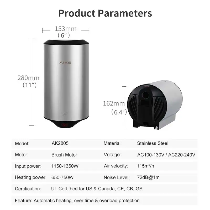 Asciugamani automatico AIKE asciugamani ad aria con sensore a parete in acciaio inossidabile per asciugatrice a mano commerciale da bagno AK2805