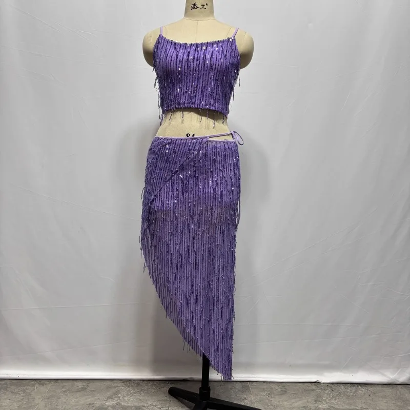 Customized Belly Dance Costumes Tassel Sequin Suit Vest Style Wrapped Skirt Set Performance Wear Practice Clothing Women