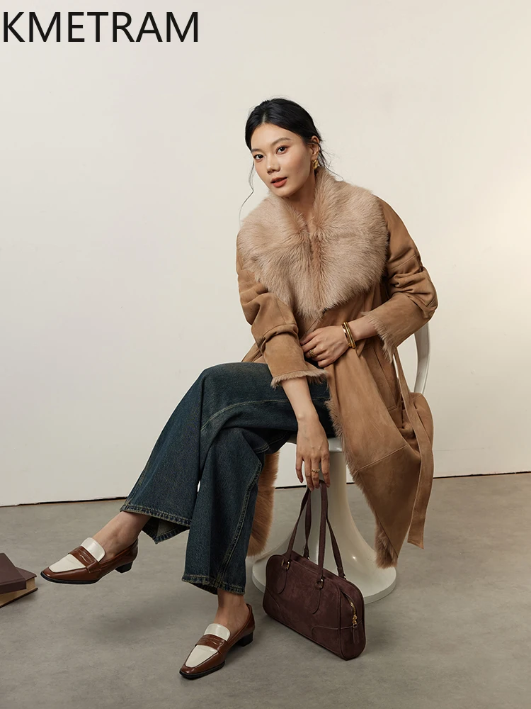 Kurtka damska z naturalnej wełny owczej z Toskanii, dwustronna, futro khaki, długi płaszcz z prawdziwego futra, odzież zimowa damska, fourrure 2025