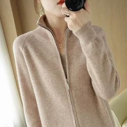 Solid Color Zipper Jacket Autumn New Knitted Sweater Cardigan Women's Standing High Neck Loose Slimming Knitted Sweater Spring