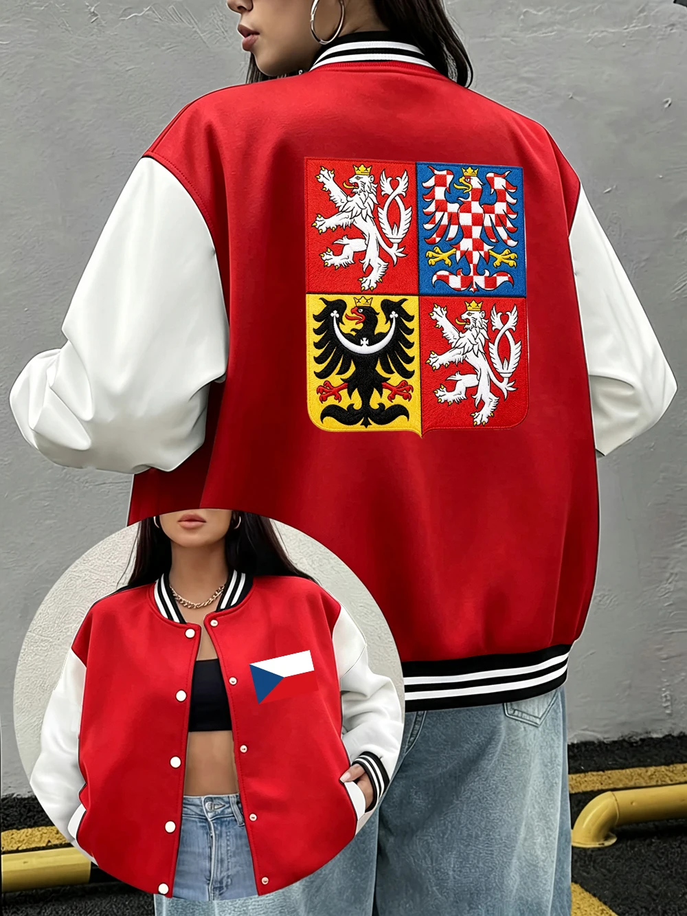 Czech Republic Embroidery Prints Baseball Coat Womens Casual Pocket Cotton Jackets Street Loose Tops Winter Fleece Warm Clothes