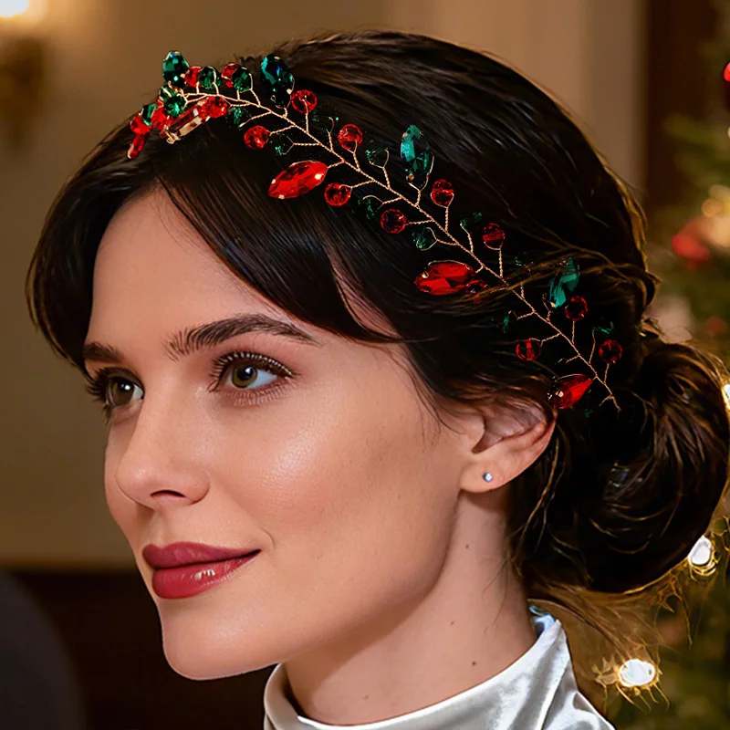 

Красочная рождественская повязка на голову с хрустальными бусинами, модная повязка для волос ручной работы со стразами и короной для девочек, банкетные аксессуары для волос