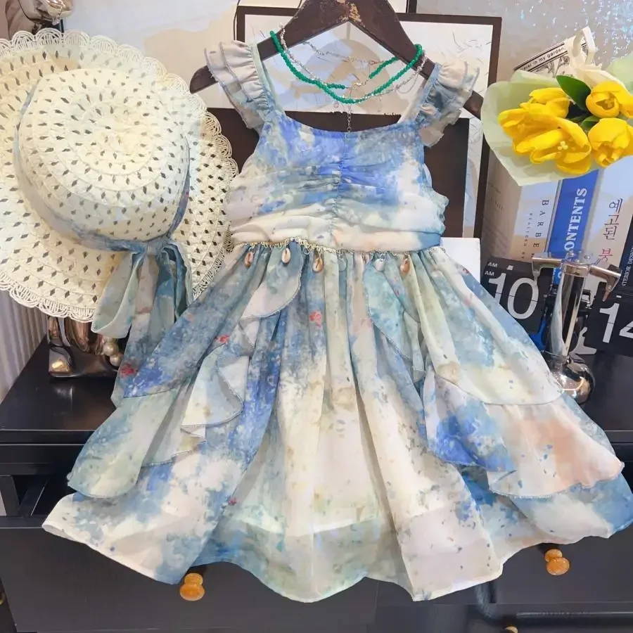 

Girls adient Color ter Dr Beach Sle Polyester Fiber High Waist Midi Skirt Faionable Princ Dr for Kids And B...