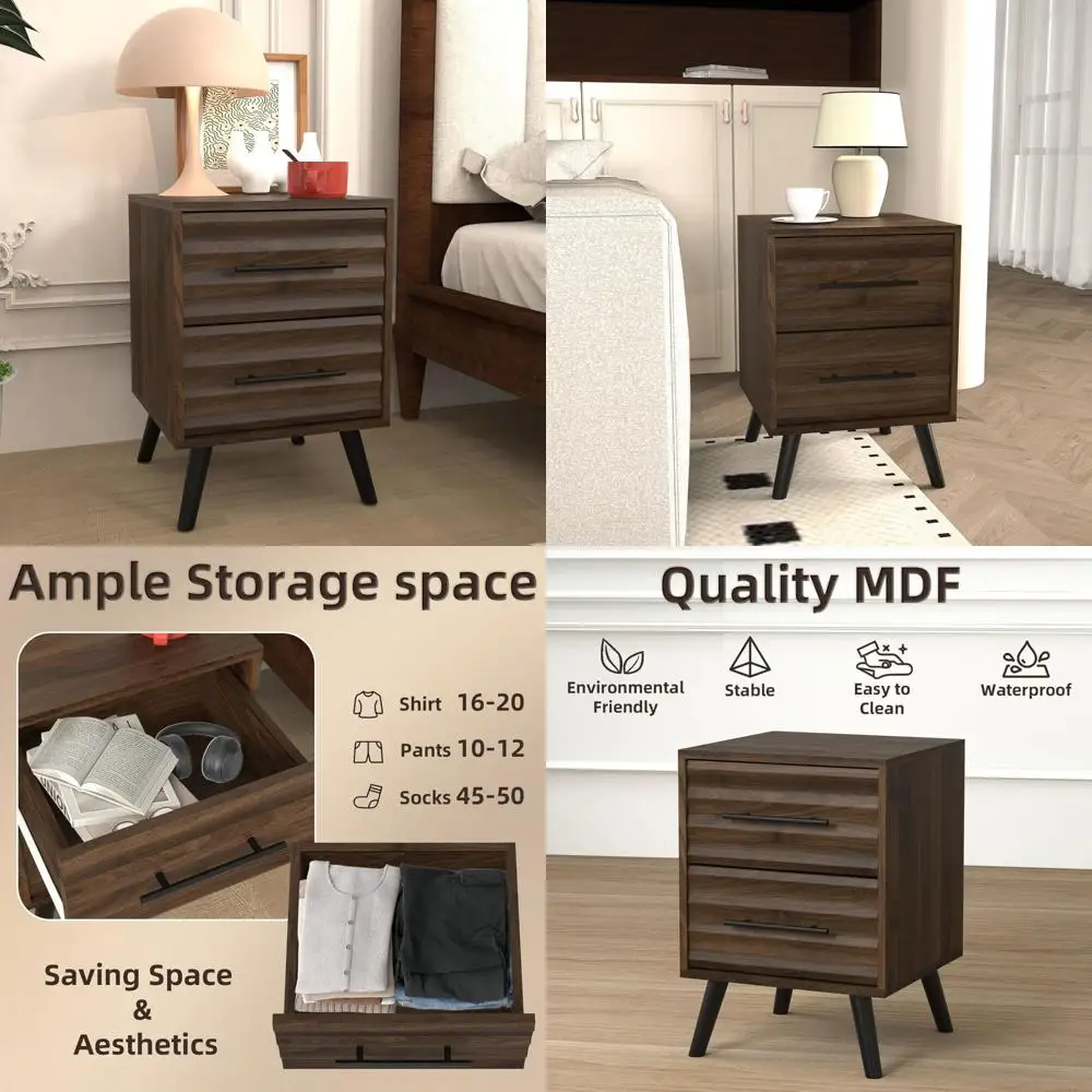 

Mid Century Style Nightstands with Fluted Design, 2 Drawer Storage, Large Bedside Tables for Bedroom, Ideal End Tables for Moder