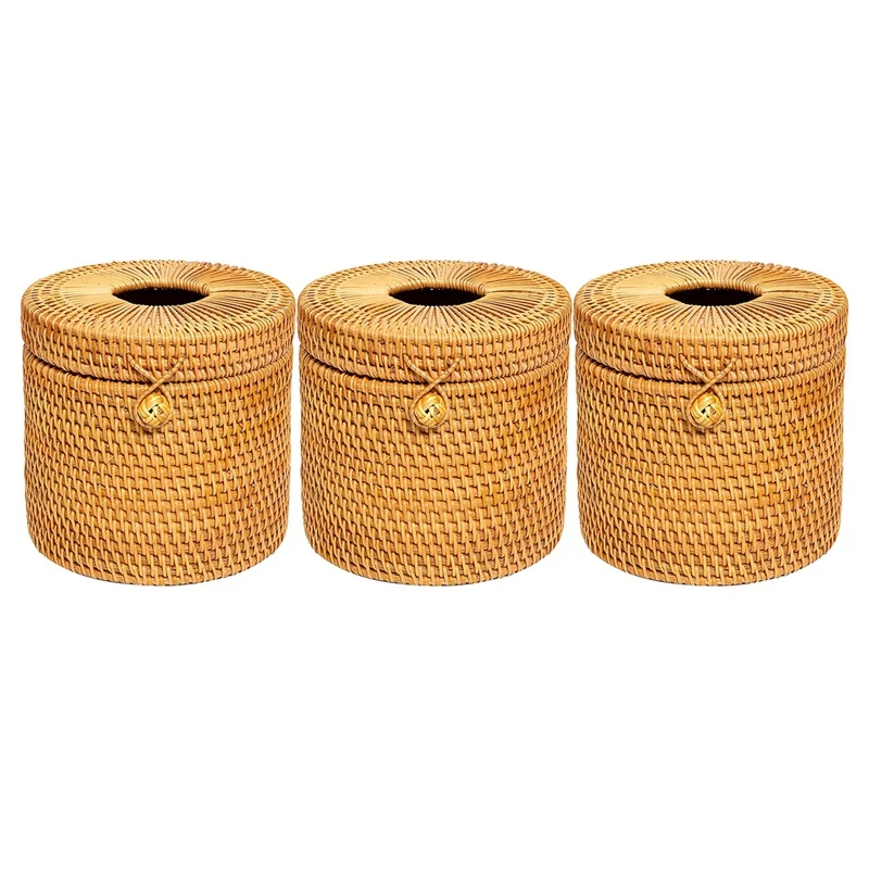 

3X Rattan Tissue Box Toilet Paper Cover Wicker Decorative Holders With Lid