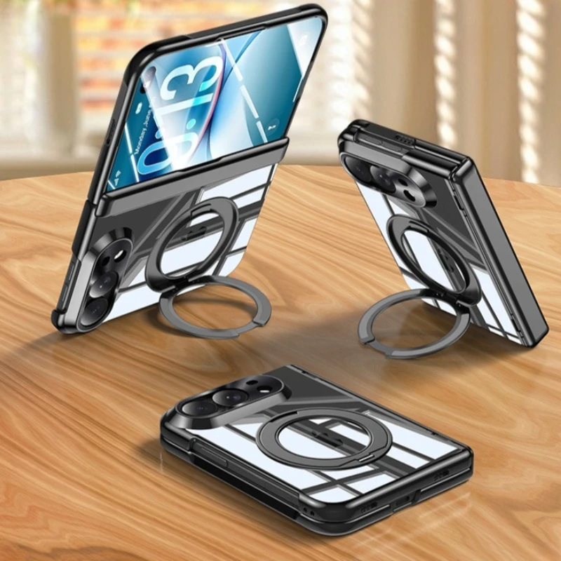 For iPhone Duo Case Hinge Funda Plating Magnetic Ring Stand Plastic Shockproof Phone Cover with Screen Protector Film
