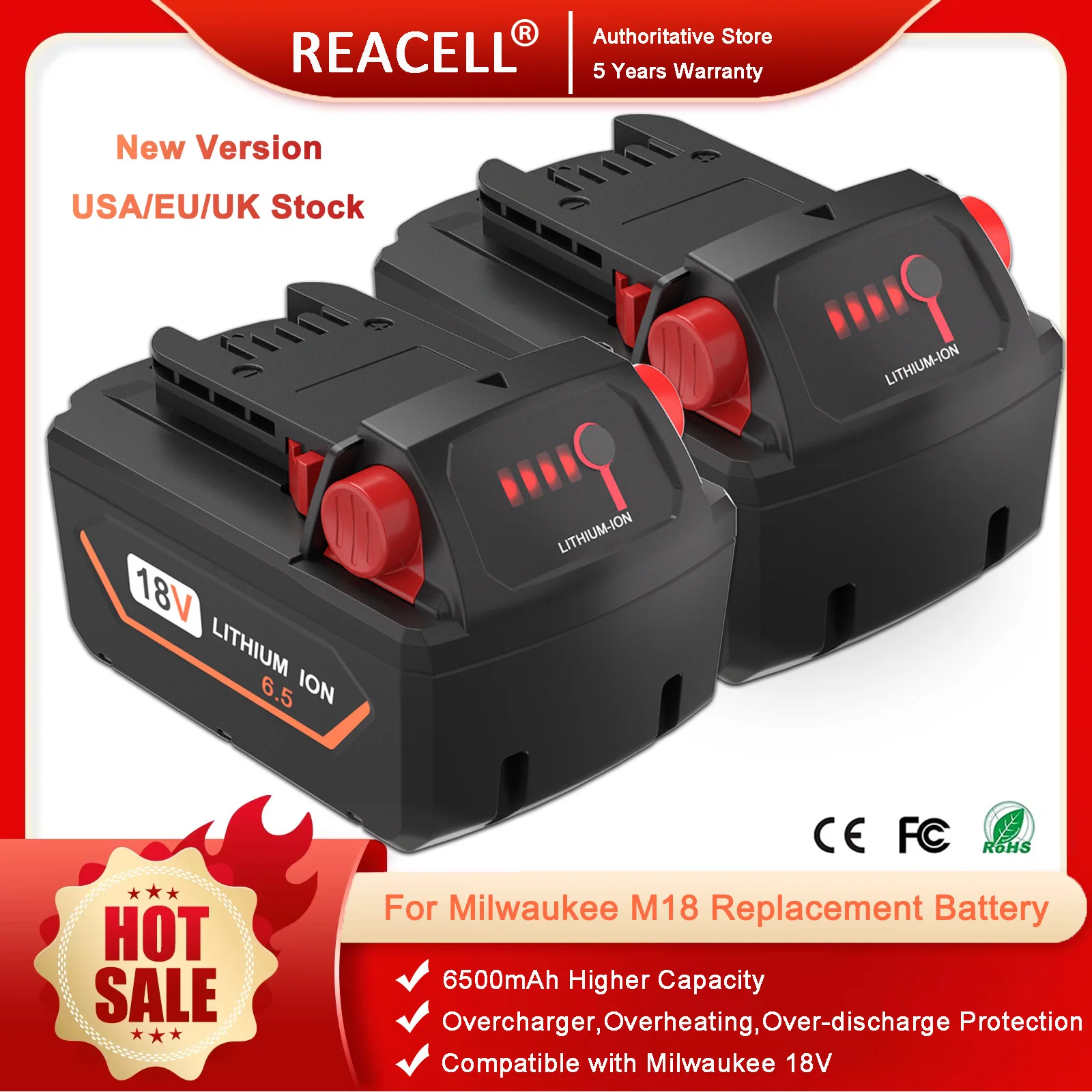 

REACELL 18V 6.5/5.5Ah For Milwaukee M18 Replacement Battery Rechargeable Milwaukee Lithium Battery 48-11-1860 48-11-1850
