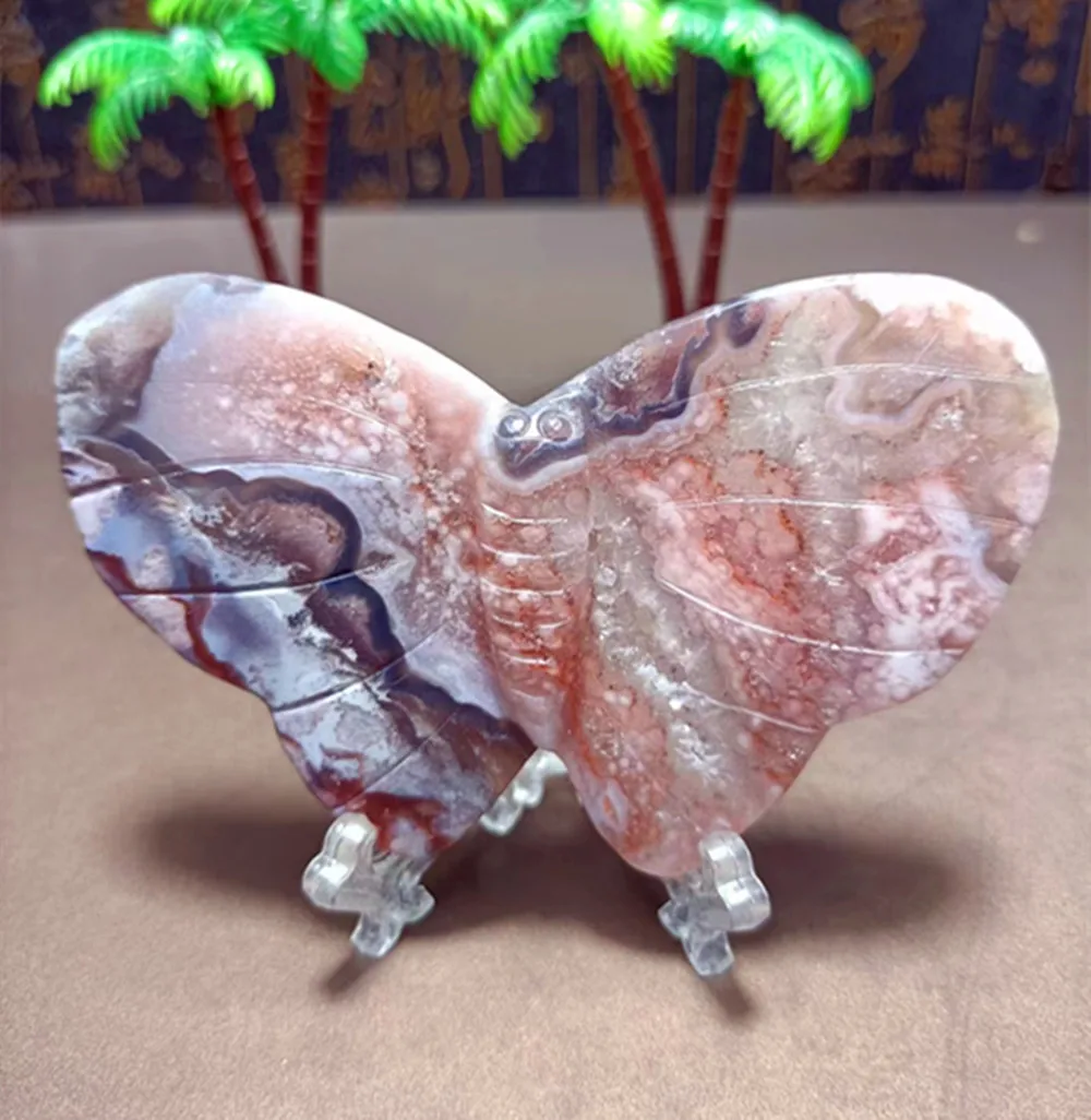 

Natural Energy Cherry Blossom Agate Polishing Carving, Different forms of Butterfly, Home Decoration Style + Send Bracket