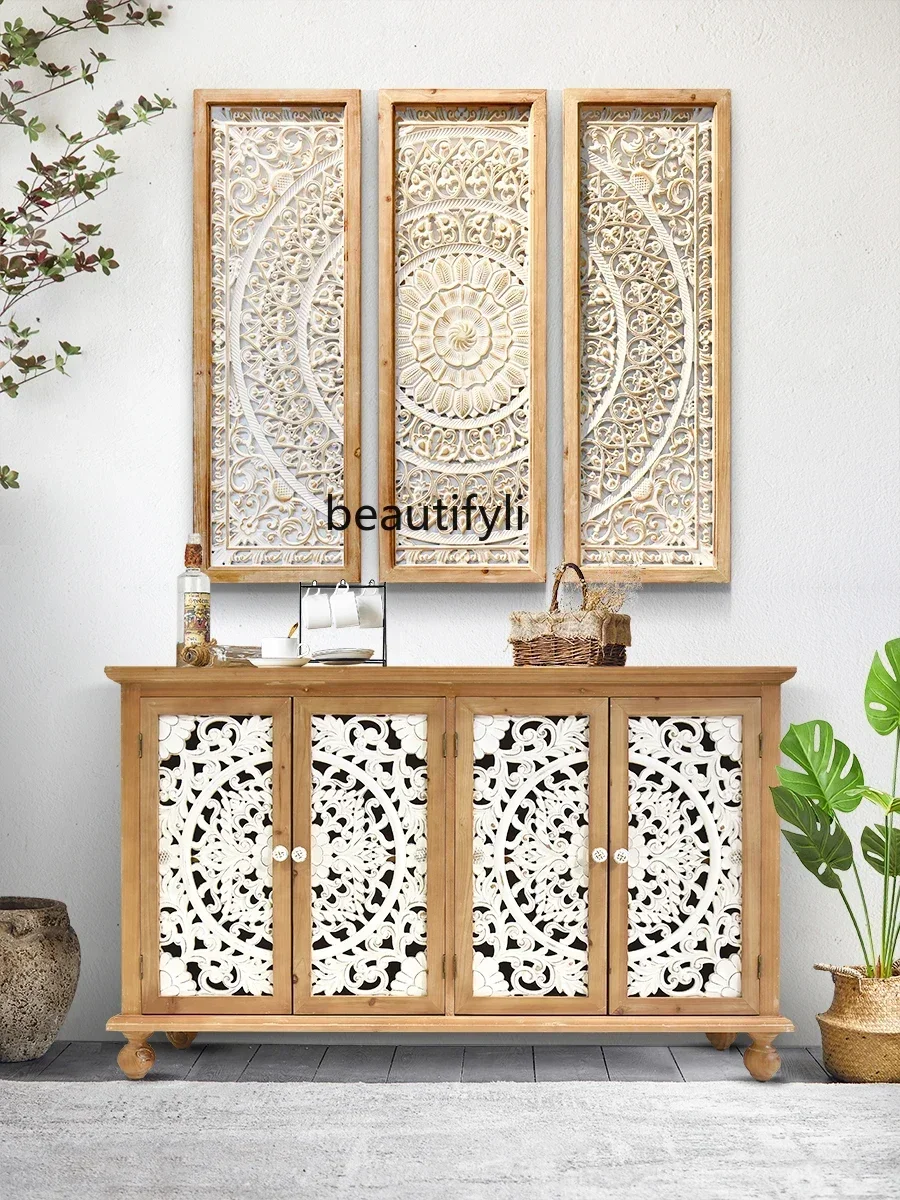 

07Retro dining side solid wood storage porch cabinet living room foyer log art carving hollow shoe cabinet