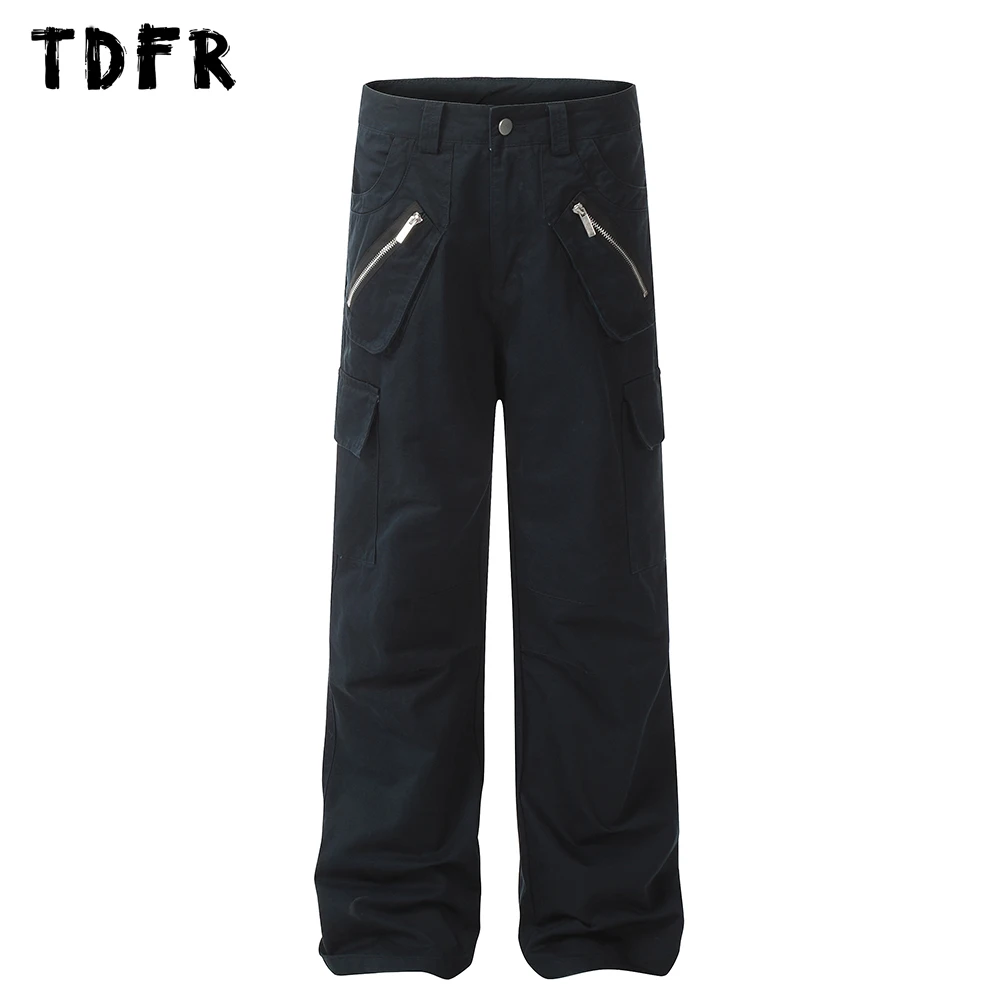 

Zipper Decoration Cargo Pants Mens Pocket Solid Color Safari Style Loose Straight-leg Pants Men Trousers
