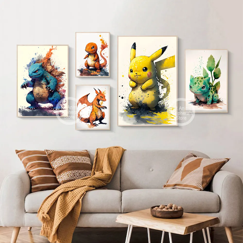 Anime Pokemon Peripherals Eevee Posters Pikachu Kawaii Picture Art Water Colours Canvas Painting for Kids Room Wall Decor Gifts