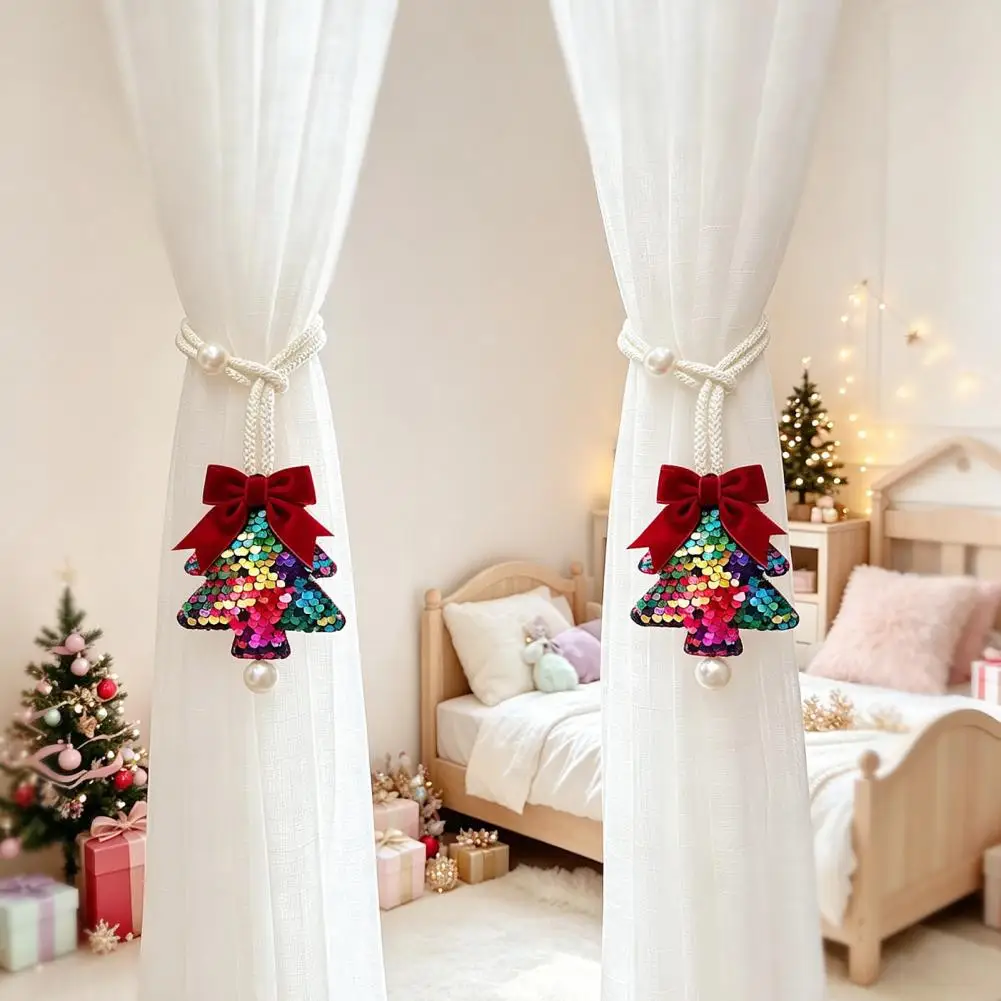 No Drill Curtain Holdbacks Decorative Christmas Window Holders Sequined Tree Curtain Tieback with Bow Sparkling for Home