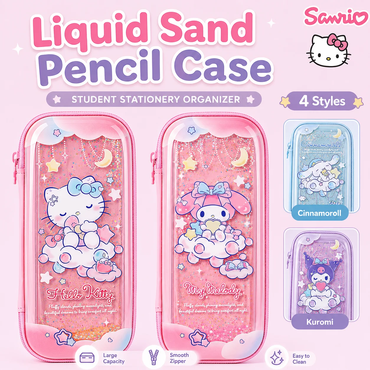 Sanrio Hello Kitty Glitter Pencil Case Kuromi Cute Stationery Box Pencil Case Primary School Girls Back To School Pencil Case