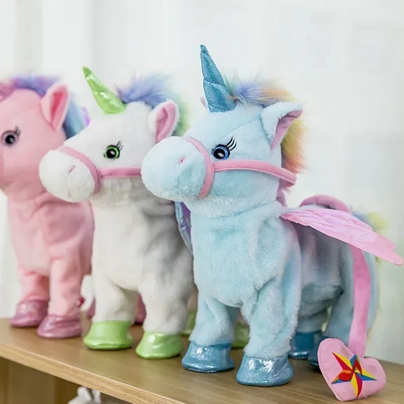 Figura de acción de caballo de Ángel con correa de unicornio, juguete de peluche eléctrico para caminar y cantar