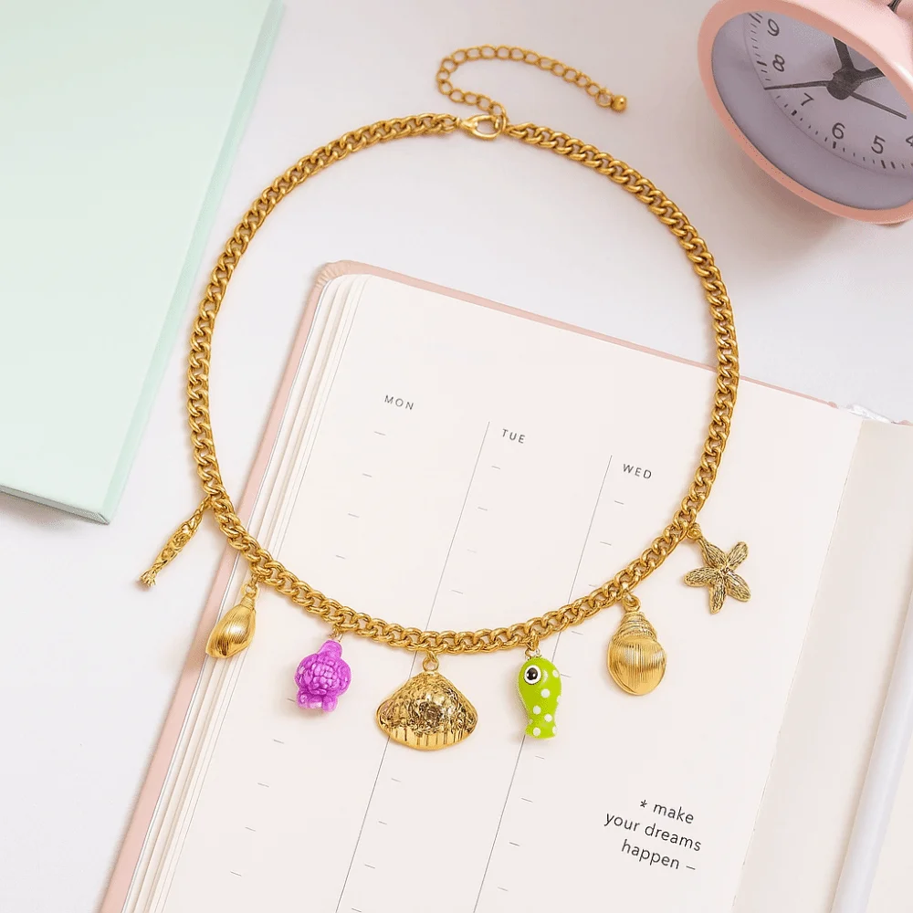 

Retro Trend Geometric Portrait Pendant Necklace 18K Gold-plated Stainless Steel Multi-charm Waterproof Jewelry for Daily