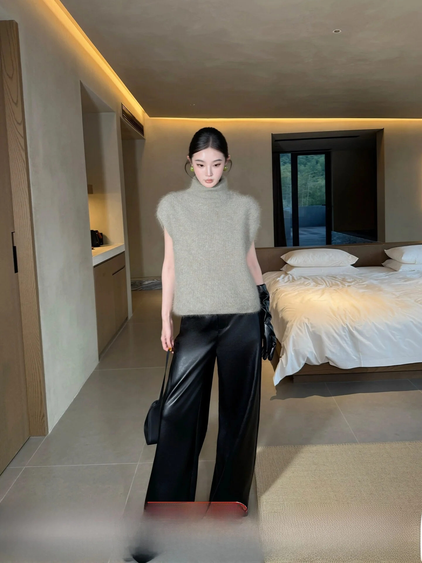 

Alin Manchester High Waist 3D Tailored Leather Pants Women's Straight Wide Leg Protein Pants Draping Sensation Casual Trousers