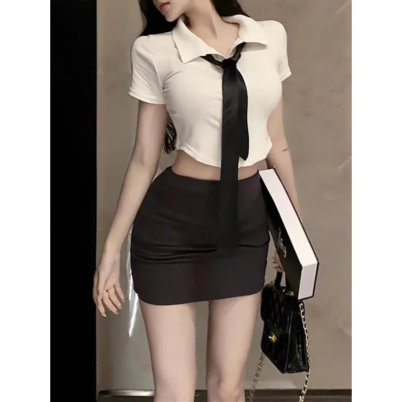 Set Pure Desire to Shrink Waist White Shirt Women's Slimming  Top Long Sleeve Shirt Half body Bag Hip Skirt Short