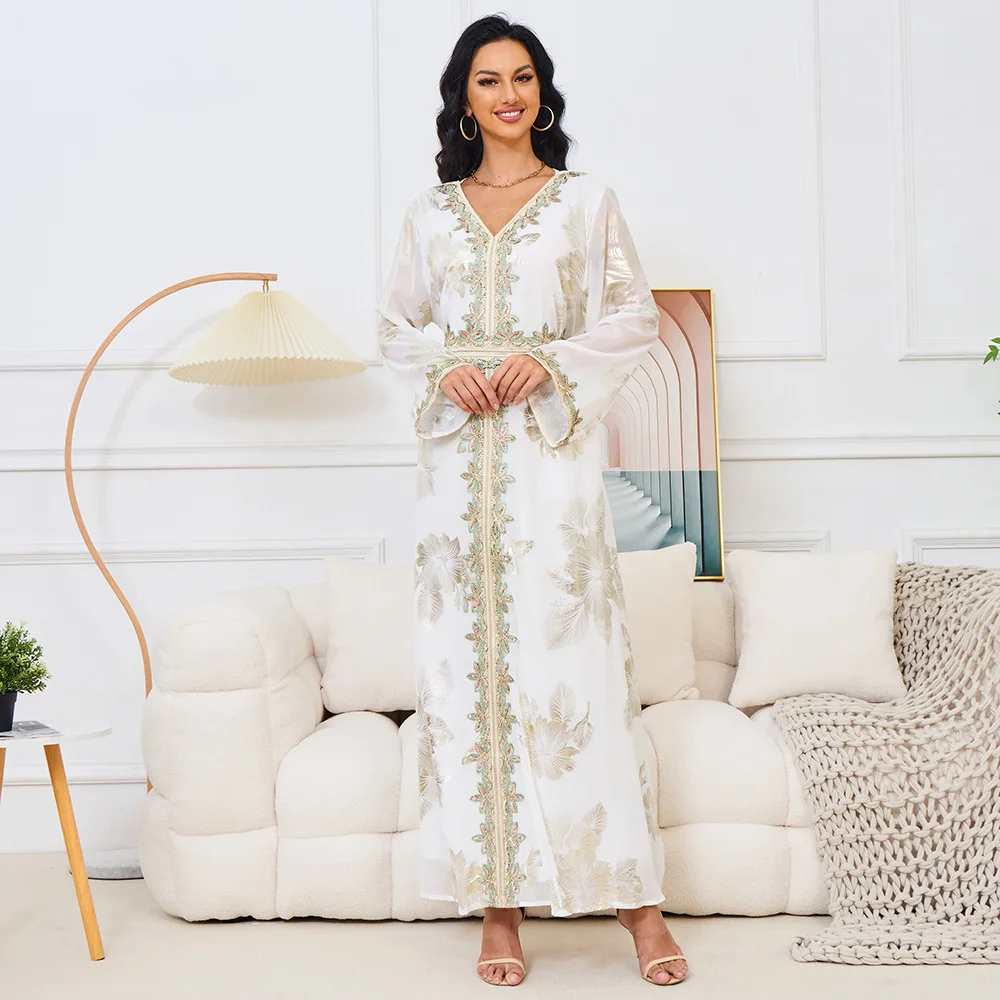 Robe musulmane blanche estampillée à chaud, robe de soirée, mode