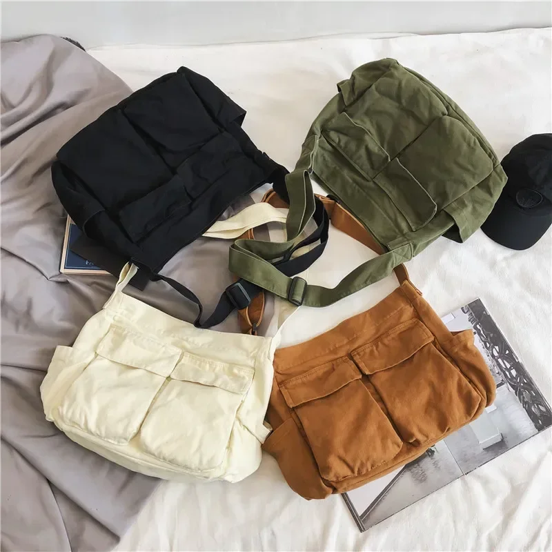 Multi Pockets Canvas Big Size Handbag Female Male Teenager Student Over Large High Street Hip Hop Fabric Zipper Messenger Bag