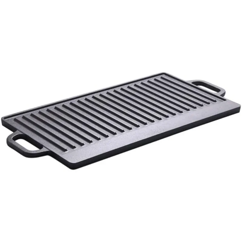 Uncoated Cast Iron Grill Plate Striped Griddle Pan Household Frying Tray Double Sided BBQ Plate Camping Steak Grilling Tool