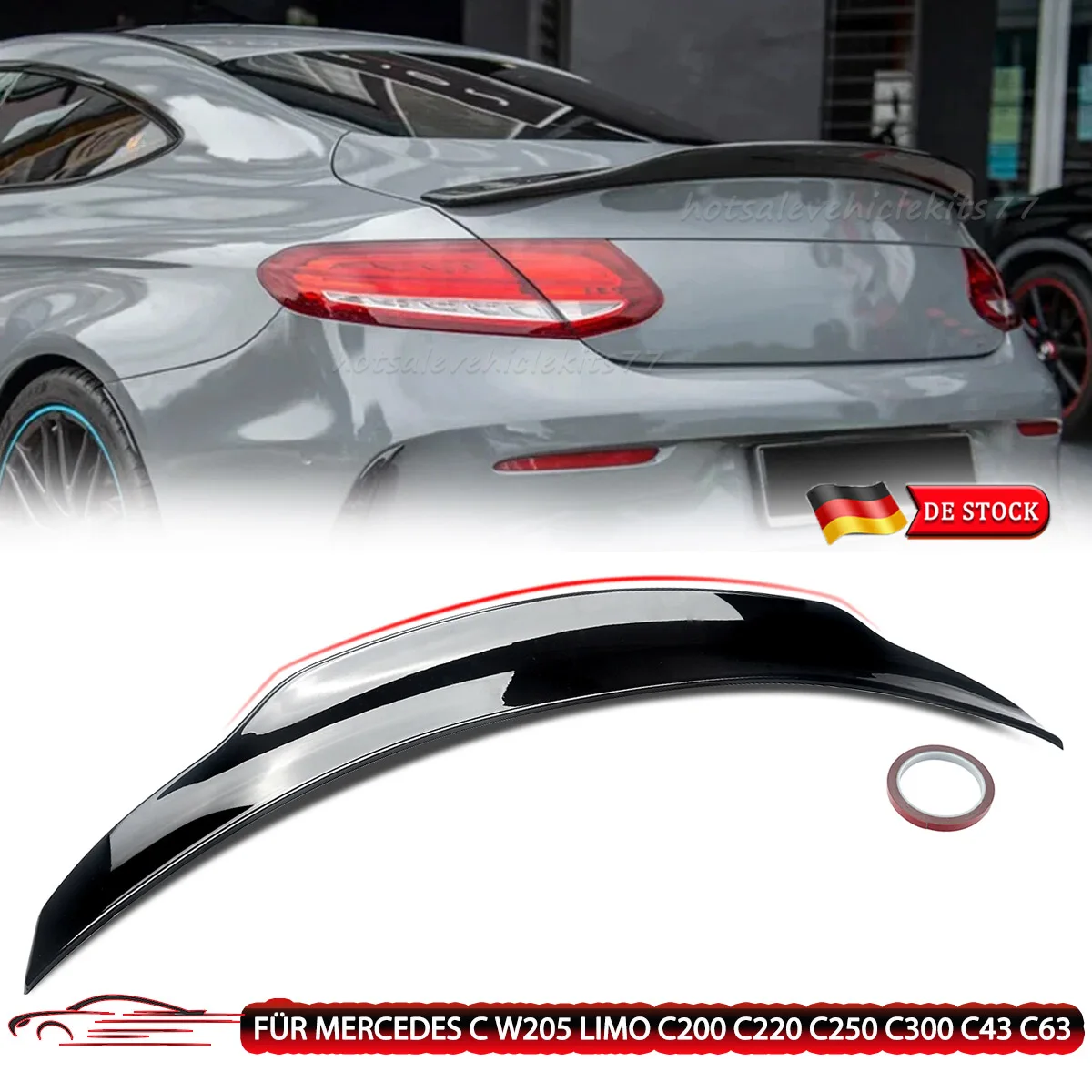 Glänzend Schwarz für Mercedes-Benz C-Klasse W205 4-Türer Limousine 2015-2021 PSM-Stil Heck-Oberspoiler Kofferraumflügel Lippe Tuning-Karosserie-Kit ABS