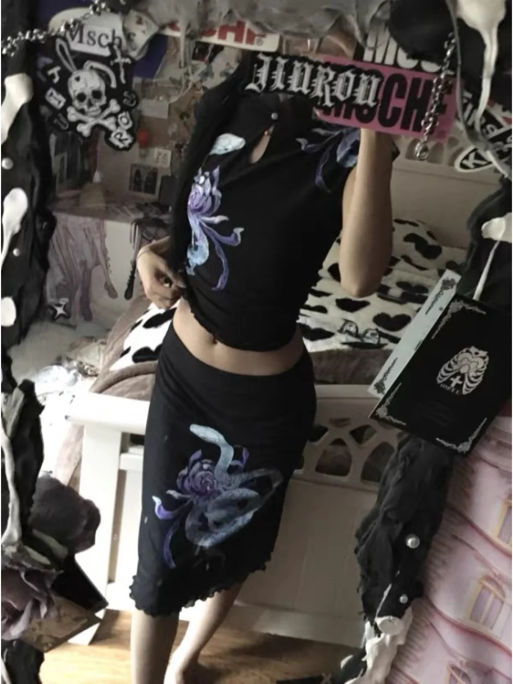 2026 new summer water droplet hollow orchid snake print new Chinese short sleeved skirt niche set cool temperament spicy girl