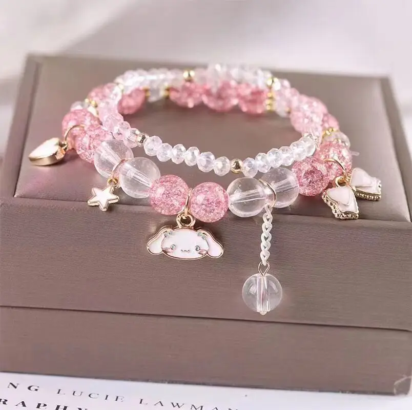 

New Cute Kawaii Sanrioed Kuromi My Melody Cinnamoroll Pom Beaded Crystal Bracelet Cute Sweet Girlfriend Gifts Toys for Girls