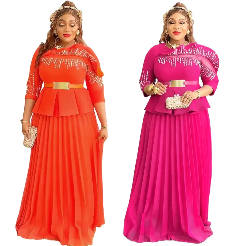 

African Plus Size Women's Dress with Rhinestones, Round Neck, Pleated Skirt
