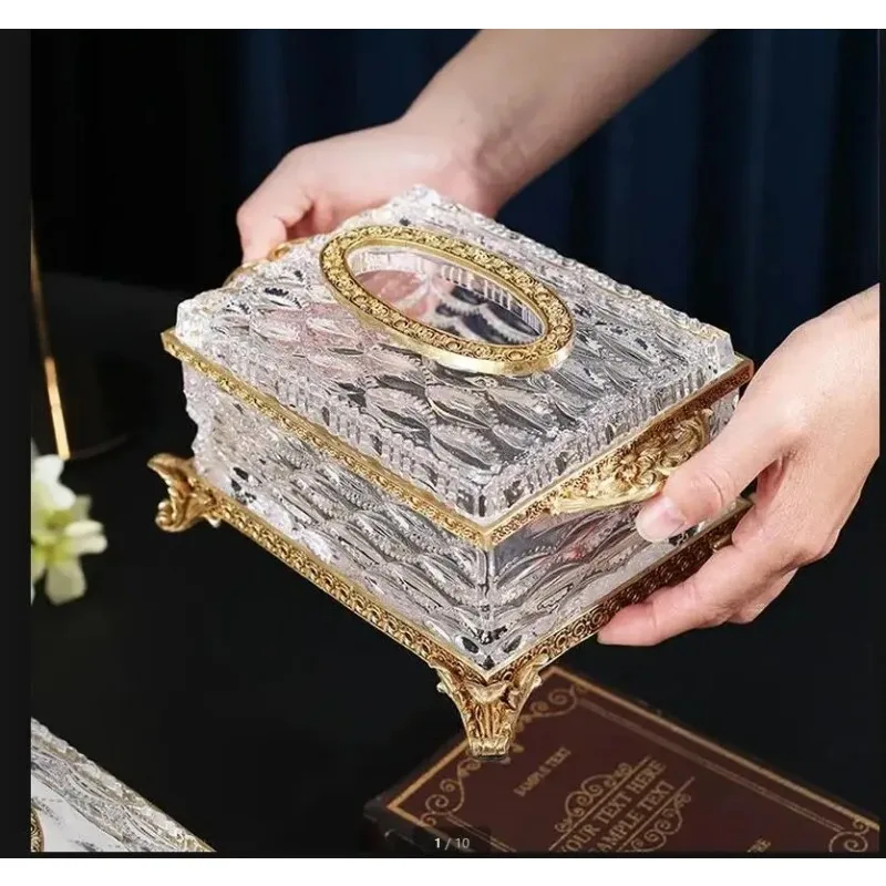 Brass Crystal Glass Tissue Box Storage Desktop Napkin Boxes Holder Paper Organizer