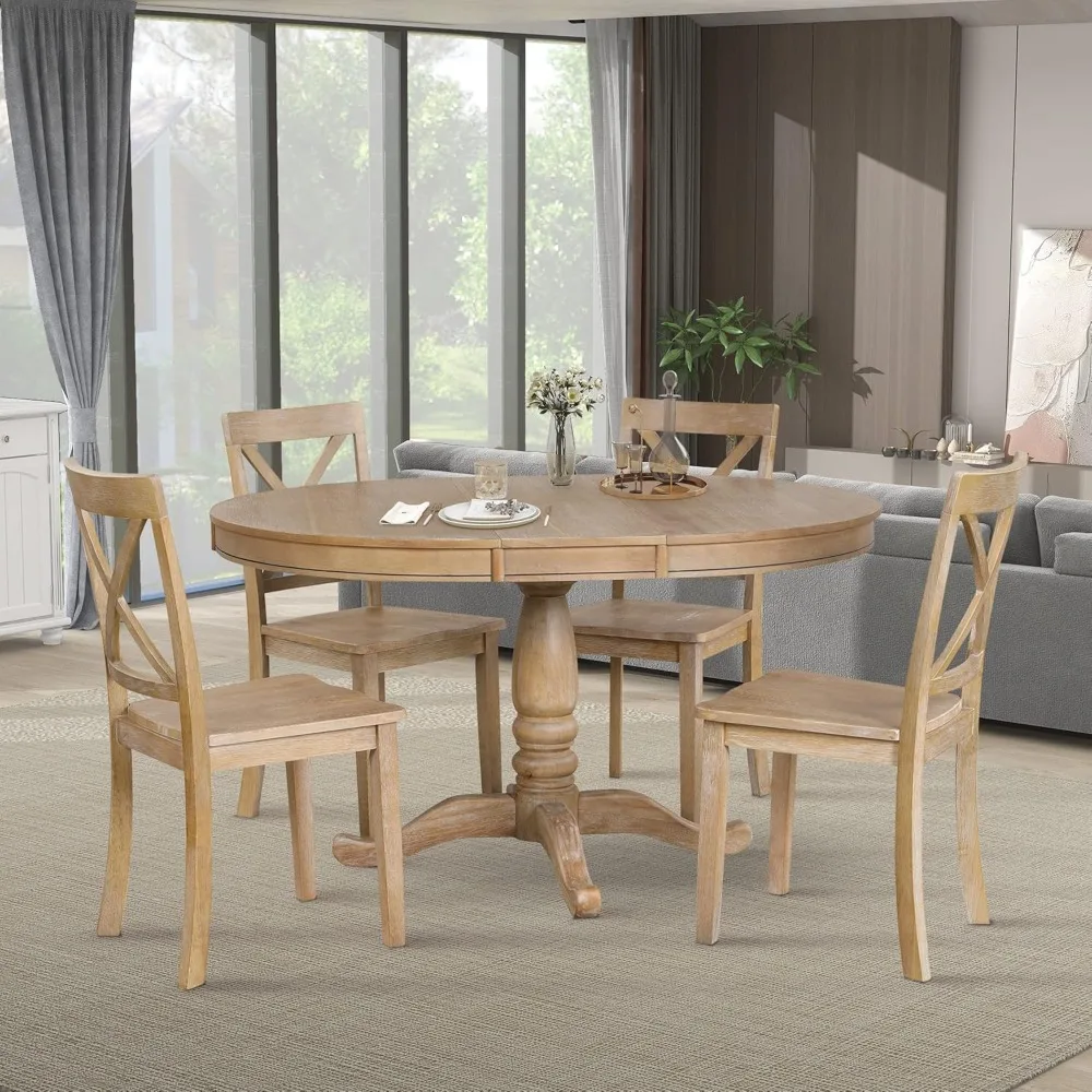 5-Piece Round Dining Table Set for 4,Round Extendable Table with 4 Kitchen Room Chairs for 4,Dining Room Table Set