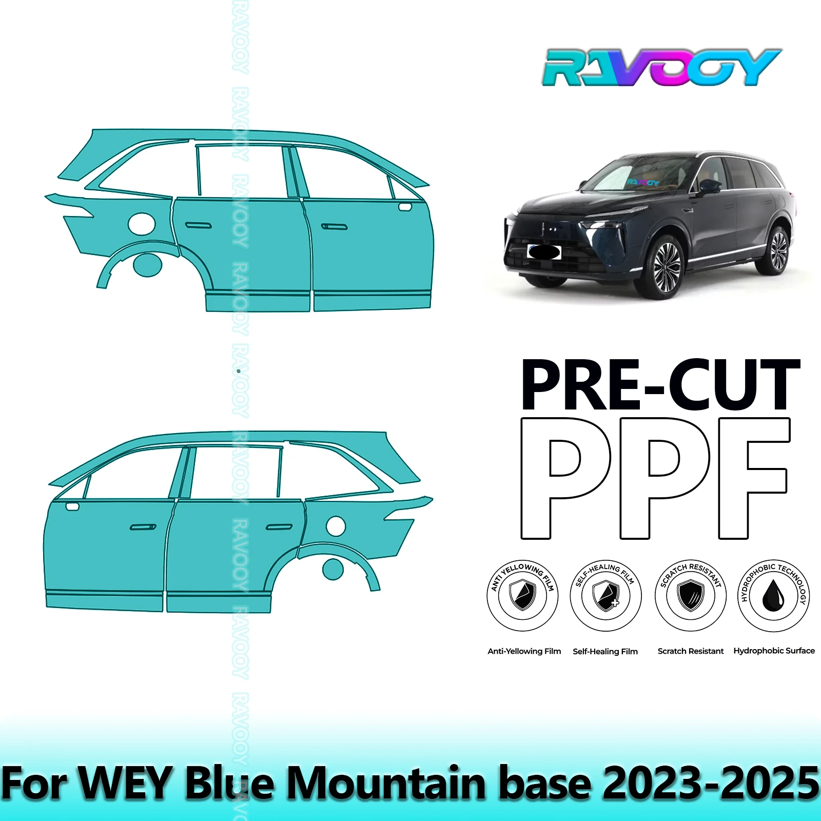 

For WEY Blue Mountain base 2023-2025 8.5mil Clear Matte Pre-Cut PPF Door & A/B Pillar Kit TPU Paint Protection Film Set
